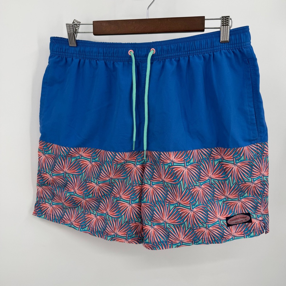 Vineyard Vines Men's Size L Swim Trunks Elastic Waist Drawstring Blue Leaf Print